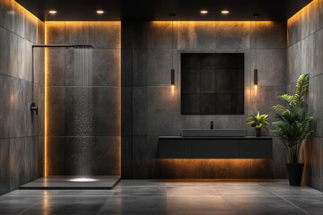 Fototapeta premium Minimalist Luxury Bathroom with Gray Tiles and Floating Vanity Design
