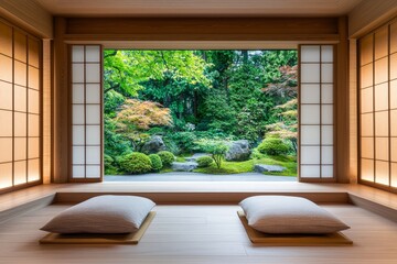 Naklejka premium Serene Zen Living Space with Natural Elements and Wooden Accents
