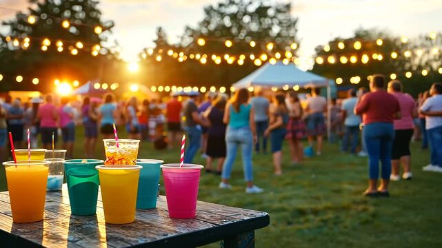 Friends enjoying a summer music festival as the sun sets in a golden sky.