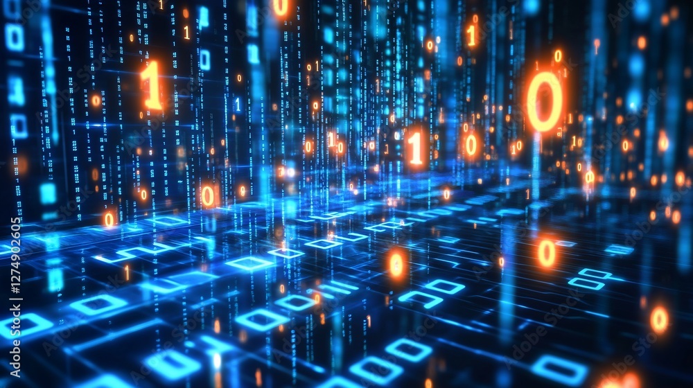 Poster digital rain falling on glowing binary code landscape