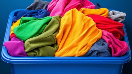 Colorful Pile of Laundry in Blue Plastic Bin on Solid Background