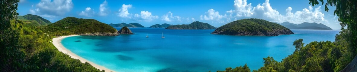 Fototapeta premium Tropical paradise beach with crystal-clear turquoise waters, lush green islands, and white sand under a bright blue sky, offering a serene and exotic travel destination for relaxation and adventure.