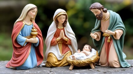 Nativity Scene with Mary, Joseph, and Baby Jesus Figurines Display