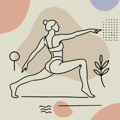 Minimalist line art illustration of a woman practicing yoga in a warrior pose. Abstract organic shapes and earthy tones create a modern and calming aesthetic. Perfect for wellness, fitness, meditation