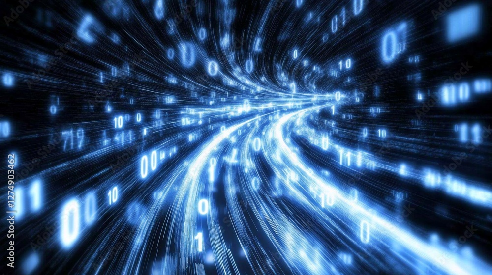 Poster digital data stream swirling in cyberspace; futuristic tech background