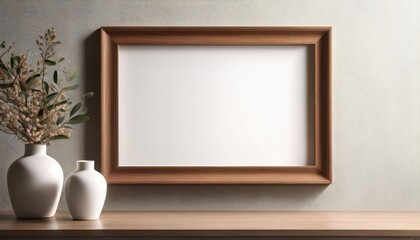 Elegant blank picture frame mockup showcasing minimalist modernity against the neutral backdrop of a wall, poised for artistic expression or design inspiration in interiors.
