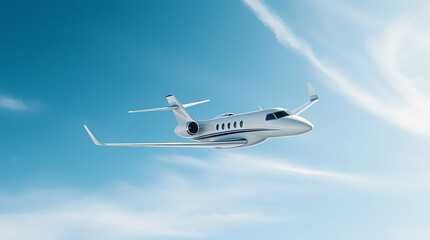 Luxury Private Jet Flying in Blue Sky with Clouds - Modern Business Aircraftscape Background