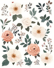 flowers and leaves in pictures illustrator2D. Generative AI Illustration