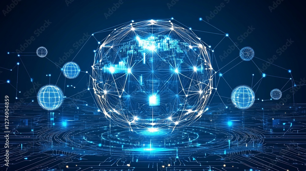 Poster global network data sphere, digital connection, futuristic tech background, website banner