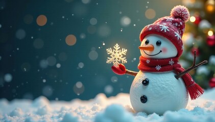 Whiskered snowman holding a delicate snowflake with a Christmas tree behind him , illustration, graphic, design