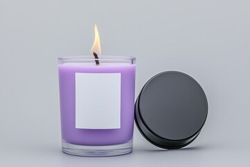 Lit purple candle in a clear glass jar with a blank label and black lid on a gray background.