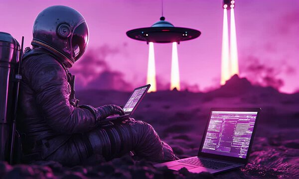 Astronaut coding on alien planet, UFO landing