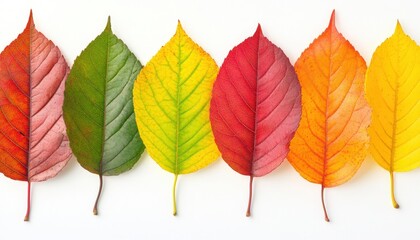 Colored leaves in a row on white. Change from green to red on foliage. Use visual for fall season