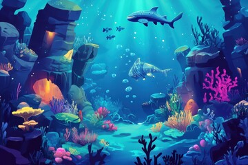Fototapeta premium Cartoon underwater scene showcases sharks and coral reefs formations