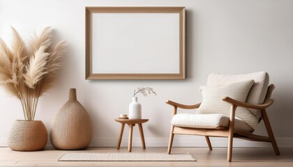 Stylish Artwork Template Modern Empty Frame Against a Clean White Backdrop in a Minimalist Living Room Setting, Ideal for Home Decor or Digital Art.