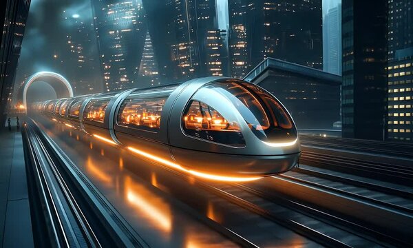 Futuristic Hyperloop Train Cityscape Night Travel