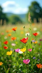 Fototapeta premium Wildflowers in a field on a sunny day, Floral, Garden, Colorful