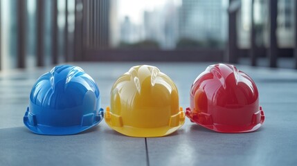Three colorful hard hats arranged on a surface, symbolizing safety in construction.