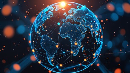 A futuristic digital representation of Earth with glowing orange networks and connections, symbolizing global communication, technology, and innovation in a dynamic virtual space


