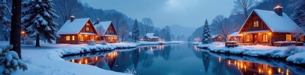 Winter wonderland scene with Christmas decorations and frozen lake, decorations, lake, festive