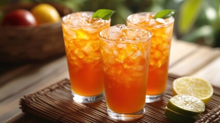 Three refreshing iced drinks with citrus garnishes on a bamboo mat.