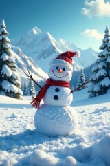 Obraz premium Winter wonderland scene with happy snowman standing in a vast open space , frosty view, white landscape, winter landscape
