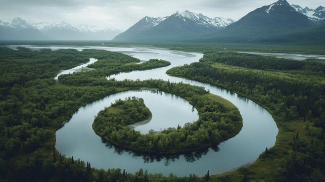 Aerial view of meandering river, mountain backdrop, Alaska, nature travel