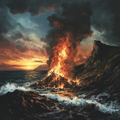 Fototapeta premium A bonfire blazes intensely on a rocky coast at sunset