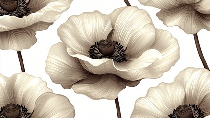 Beige poppies floral pattern, nature design, textile print