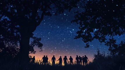 Silhouetted figures admire a starlit night sky