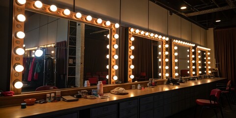 Brightly lit backstage dressing area with mirrors and makeup supplies during a performance setup