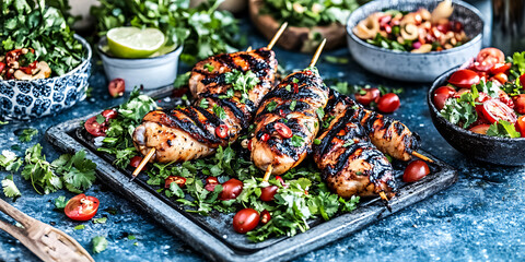 Fototapeta premium Grilled chicken skewers with fresh herbs and tomatoes presented on a rustic tray with bowls of salad.