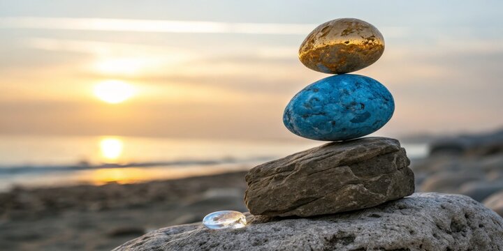Colorful stones balanced on rocks at the beach during sunset over the ocean horizon