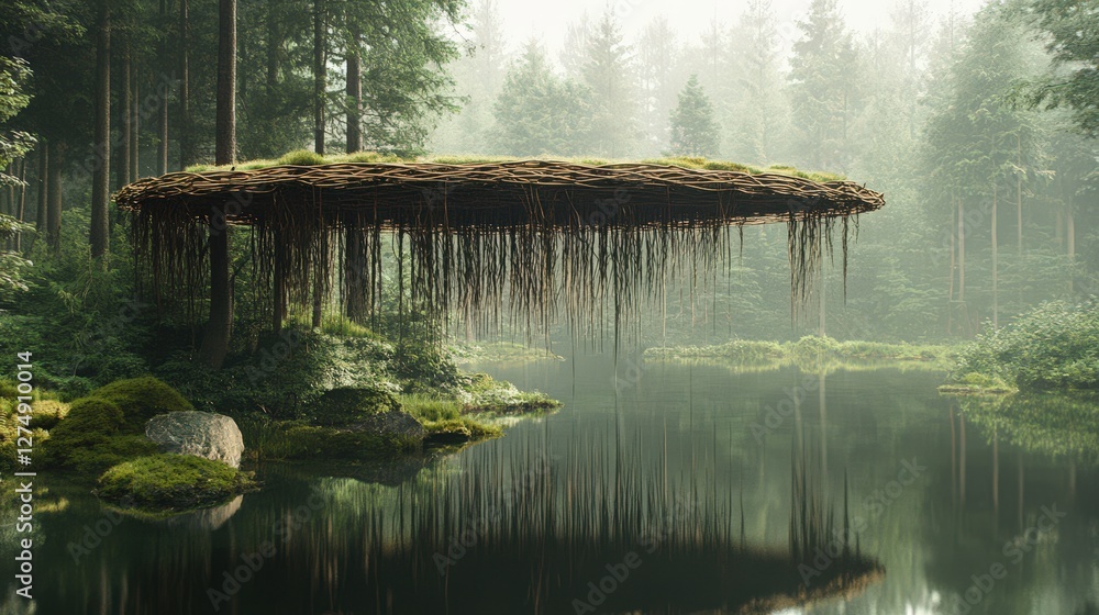 Wall mural A mystical floating island nestled in a tranquil forest lake