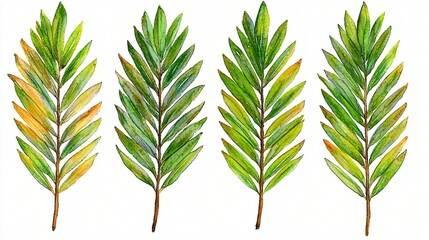 Four palm leaves, various colors, white background, botanical illustration, design element