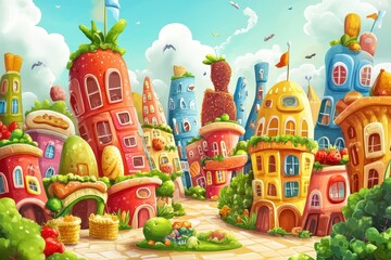 A vibrant whimsical townscape made of delicious food houses