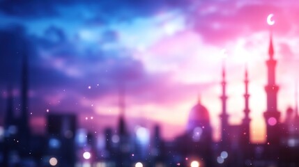 Fototapeta premium Beautiful sunset over a city skyline with minarets and colorful clouds