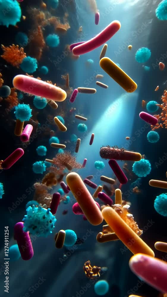 Poster colorful microscopic view of bacteria and microorganisms in dark water environment with light rays i