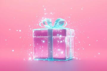 Glowing digital gift box with sparkling effects on a vibrant pink background