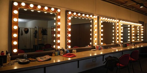 Brightly lit dressing room with large mirrors and makeup essentials for a performance in a theater setting