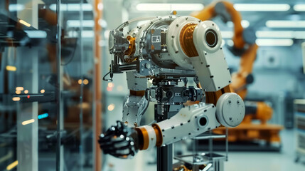 Industrial robotic arm in action, showcasing advanced technology and precision. scene highlights automation in modern manufacturing environment