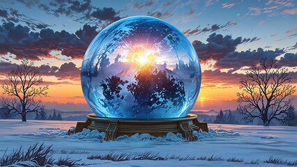 Behold, a tableau of ethereal tranquility, as frigid morn unveils its frozen splendor, very earth hushed in anticipation, while celestial orb ascends, casting its golden rays upon awakening terrain