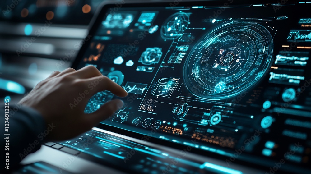 Poster data analyst interacts with futuristic interface, office background
