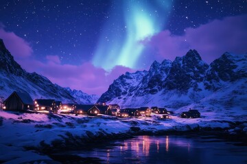 A magical winter village glows under the northern lights display
