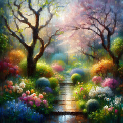 Fototapeta premium A vibrant garden path bathed in soft rain, blossoms bursting with color under a dreamy sky