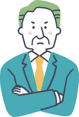 腕組みをして怒っているスーツ姿のシニア男性