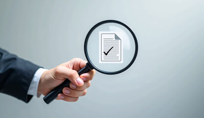 The concept of certification assurance and quality control. A hand with a magnifying glass above the checkmark symbol and icons for assurance, certification, and quality control
