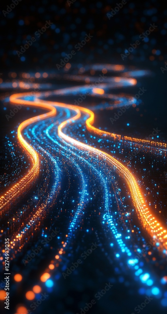 Poster glowing digital streams flow through dark space; tech background