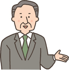 案内をするスーツを着たシニア男性