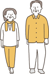 二人で散歩をするシニア夫婦単色